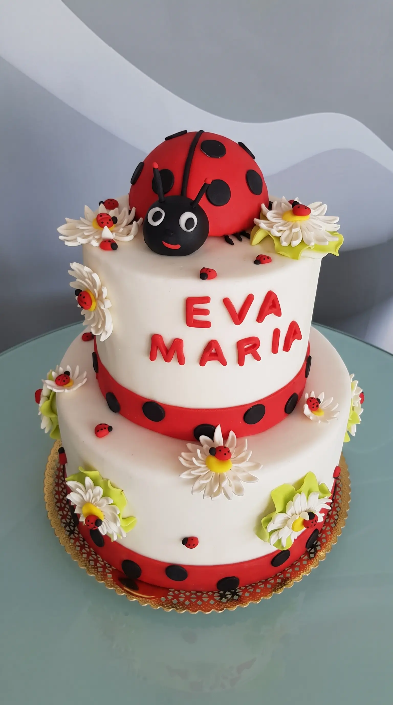 Two-tier children’s celebration cake decorated with ladybird details, daisies and a large ladybird topper